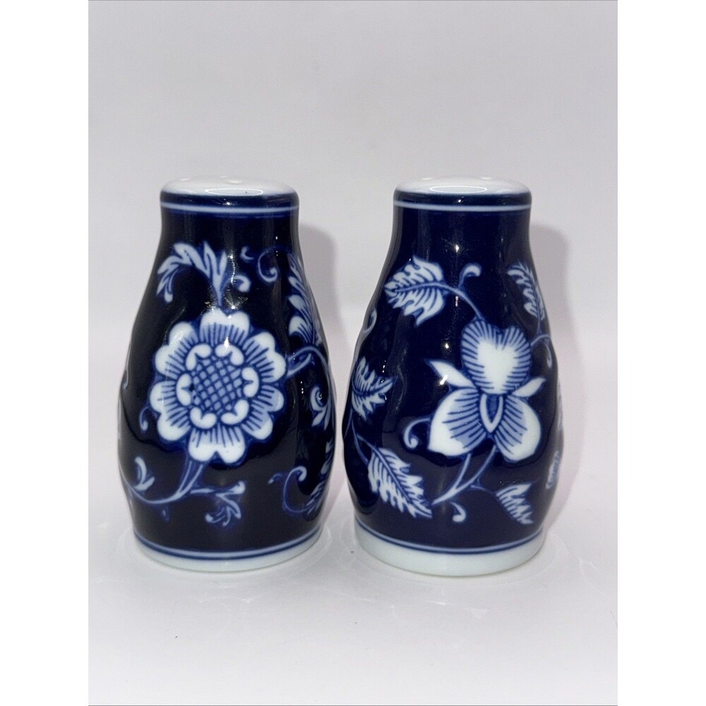 PIER 1 Mandarin Cobalt Blue & White Salt & Pepper Shakers Porcelain 3.5" Tall